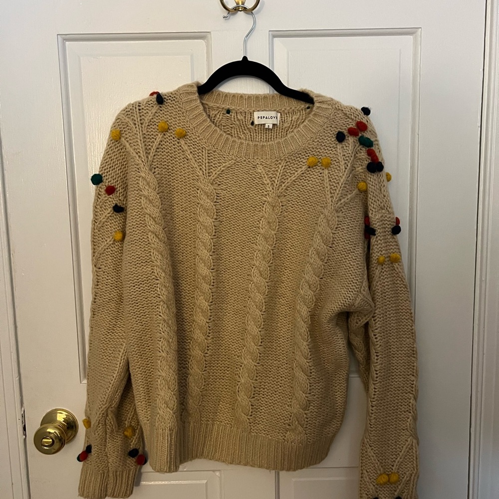 Beige Cable Knit Sweater with Colorful Pom Poms
